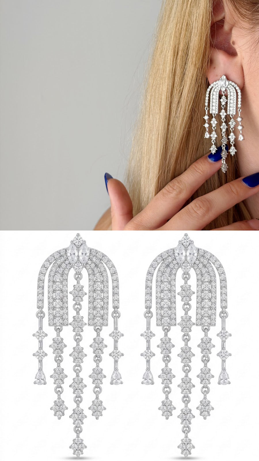 Silver CZ Pave Arch Fringe Chandelier Statement Earrings - CW1STEAR0017 | Wholesale Stainless Steel Jewelry Catwalk Jewellery Europe