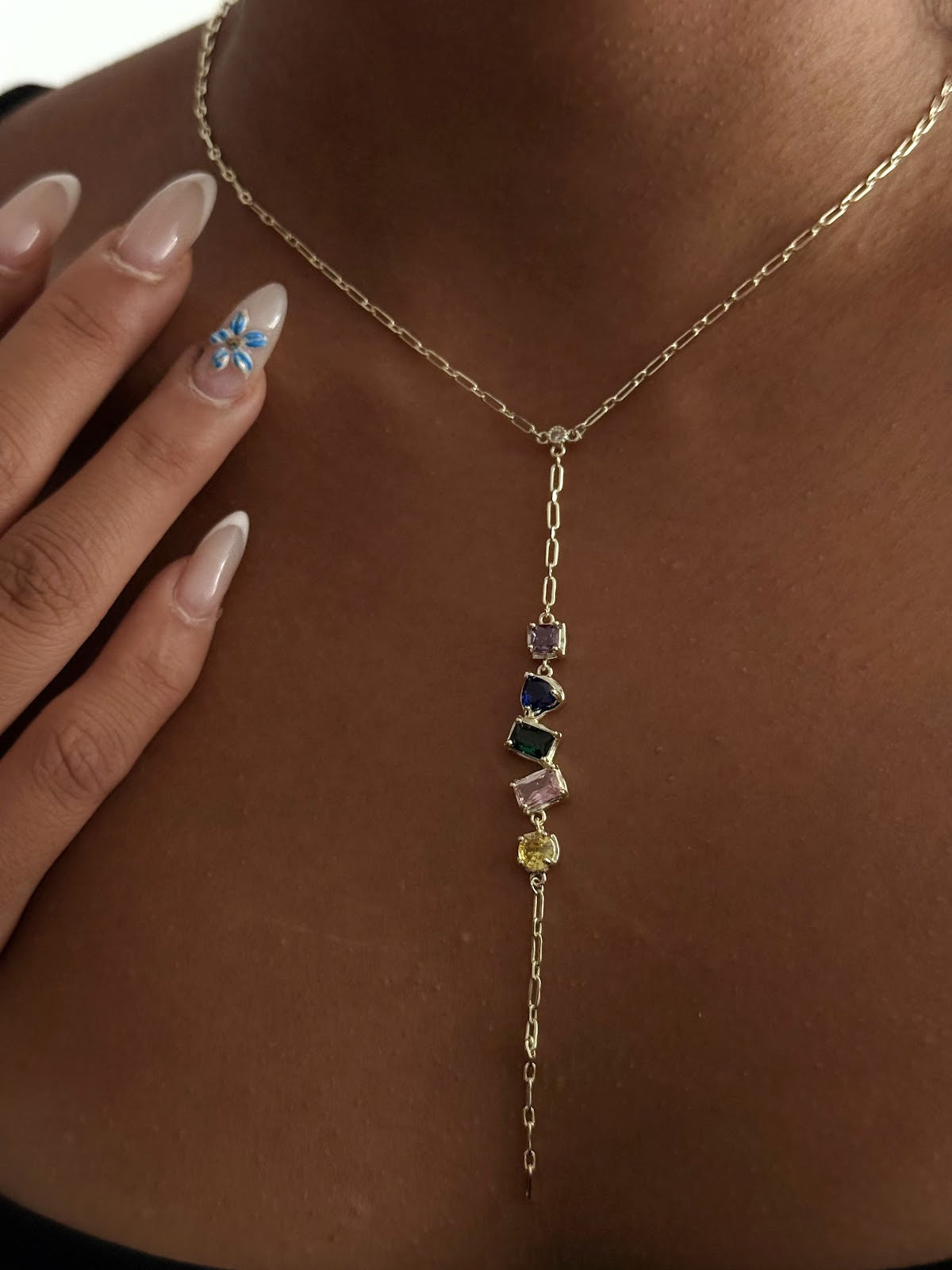 Gold Multi Color Gemstone Cluster Paperclip Chain Y Necklace - CW1YNECKLACE0011 | Wholesale Stainless Steel Jewelry Catwalk Jewellery Europe