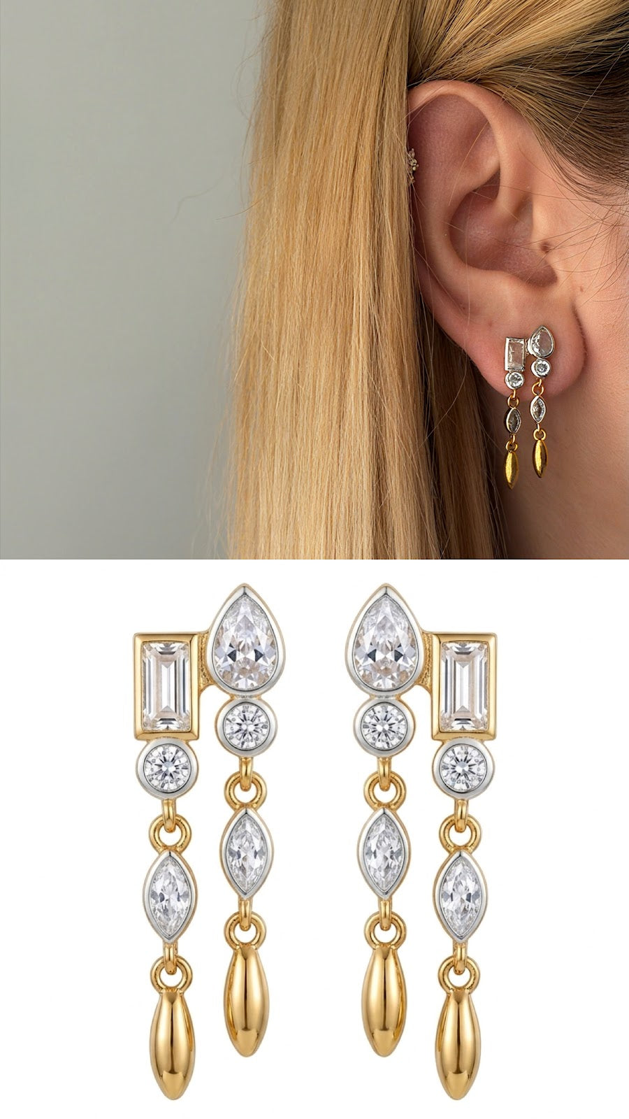 Two Tone Mixed Cut CZ Linear Drop Earrings - CW1VPEARNG00122 | Wholesale Stainless Steel Jewelry Catwalk Jewellery Europe