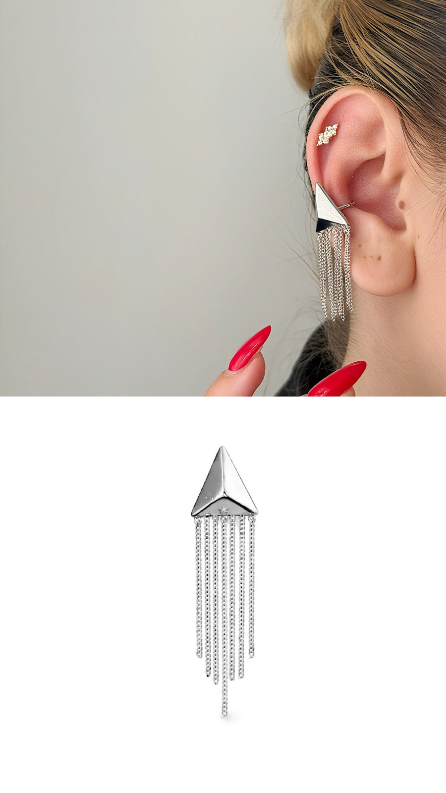 Silver Pyramid Fringe Chain Tassel Dangle Ear Cuff - CW1EARCUFF0030 | Wholesale Stainless Steel Jewelry Catwalk Jewellery Europe