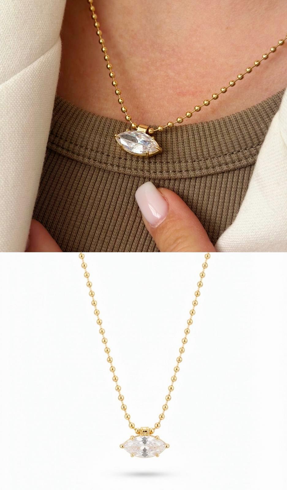 Gold Marquise Cut CZ Solitaire Pendant Ball Chain Necklace - CW1NKL0049 | Wholesale Stainless Steel Jewelry Catwalk Jewellery Europe