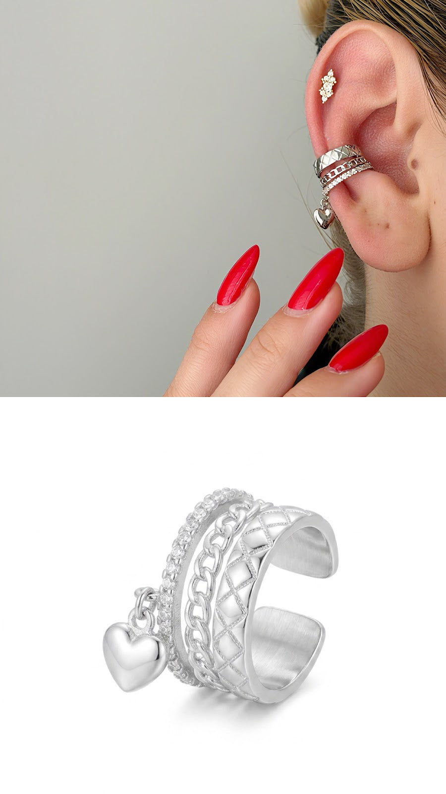 Silver Quilted Coco Pattern Dangle Heart Multi Band Ear Cuff - CW1EARCUFF00115 | Wholesale Stainless Steel Jewelry Catwalk Jewellery Europe