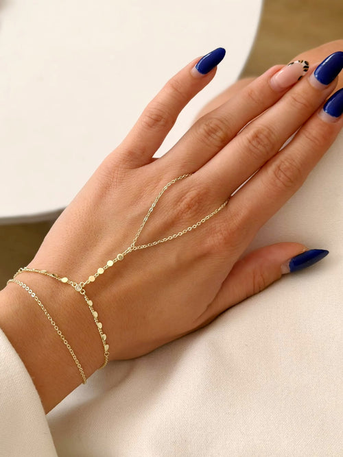 Gold Beaded Flat Disc Chain Bezel CZ Hand Chain - CW1HANDCHAIN0040 | Wholesale Stainless Steel Jewelry Catwalk Jewellery Europe
