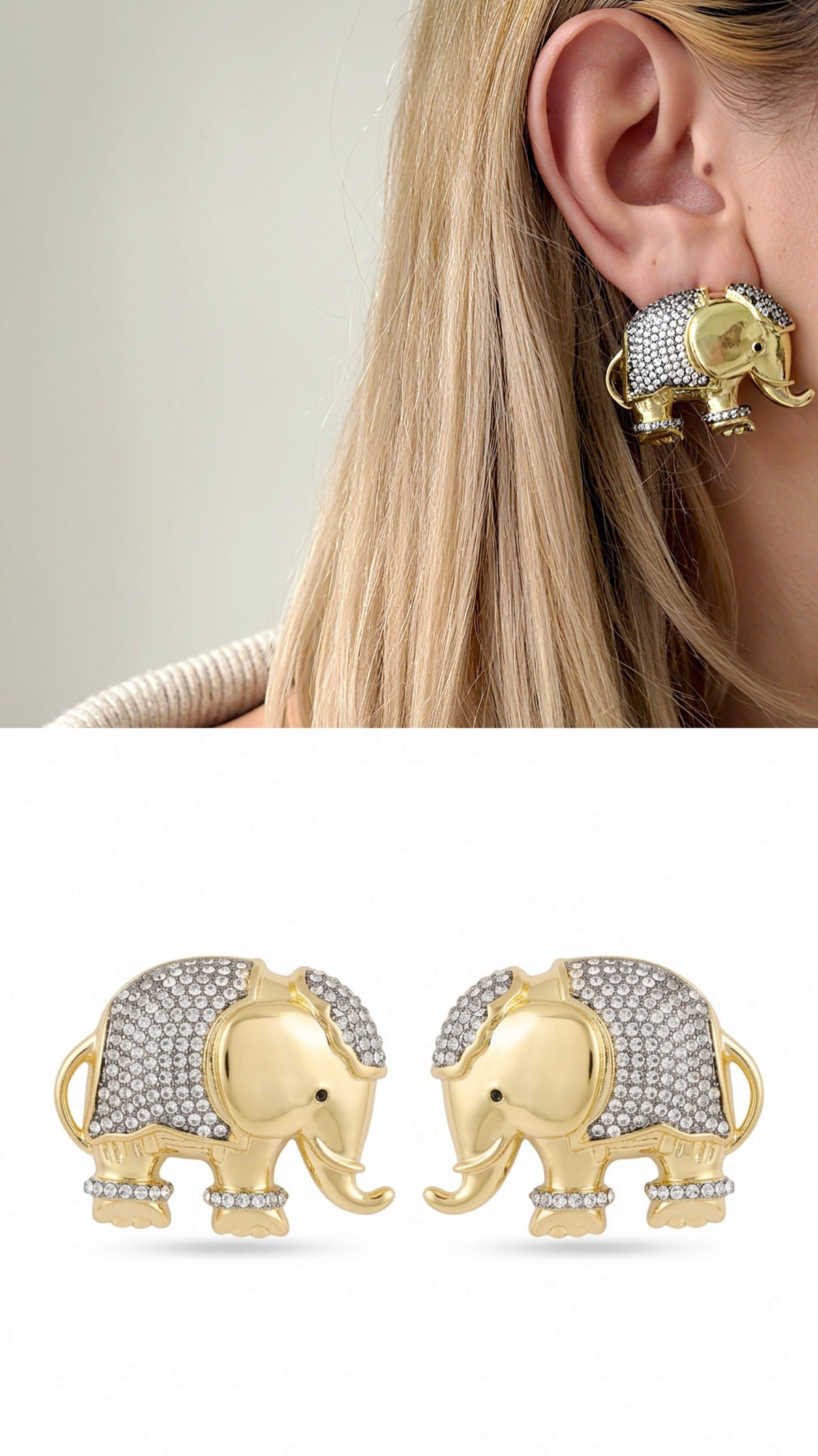 18K Gold Plated Stainless Steel Pave CZ Elephant Statement Stud Earrings - CW1VPEARNG00387 | Wholesale Stainless Steel Jewelry Catwalk Jewellery Europe