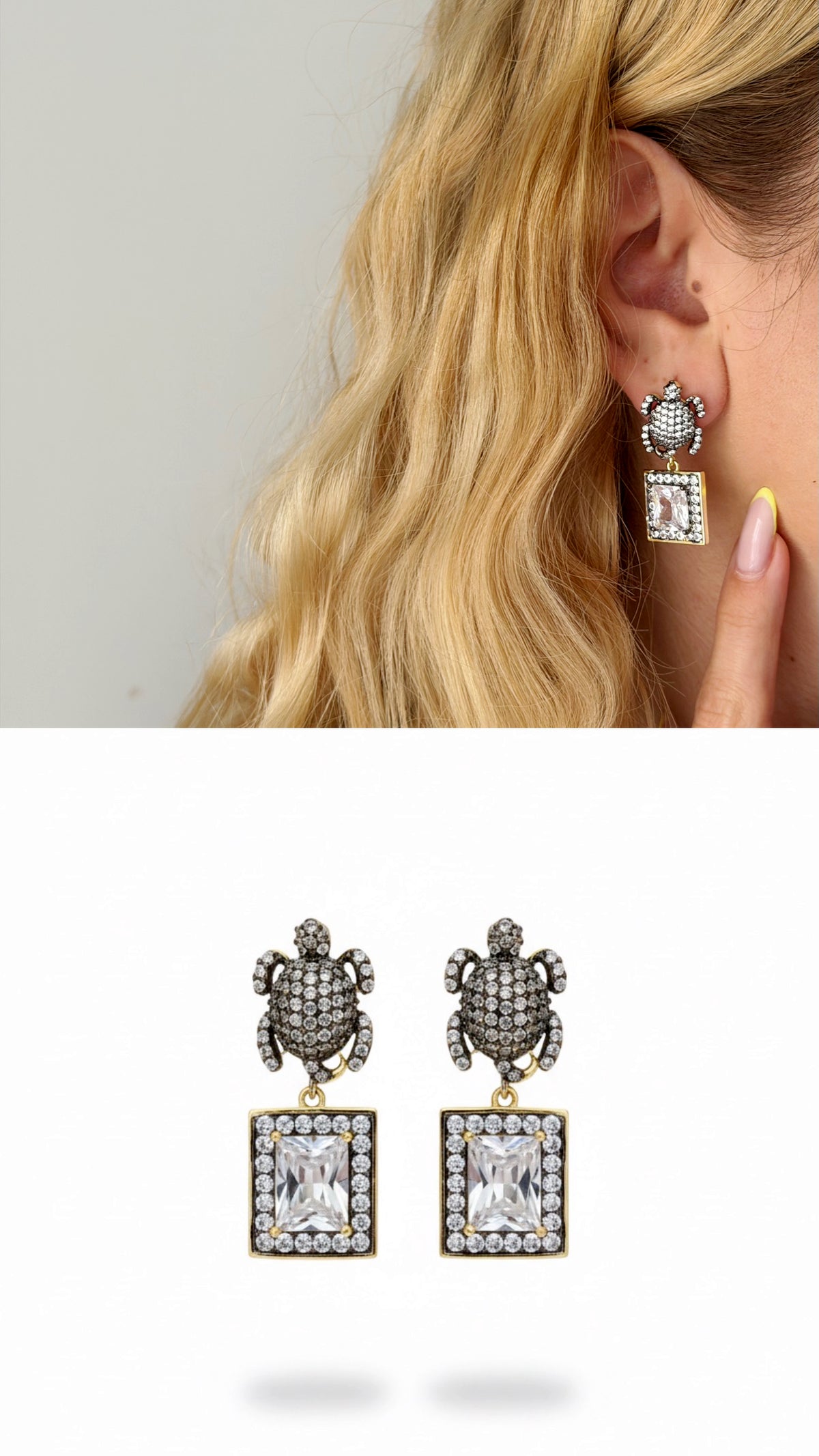 18K Gold Plated Stainless Steel Pave CZ Turtle Emerald Cut Crystal Drop Earrings - CW1VPEARNG00388 | Wholesale Stainless Steel Jewelry Catwalk Jewellery Europe