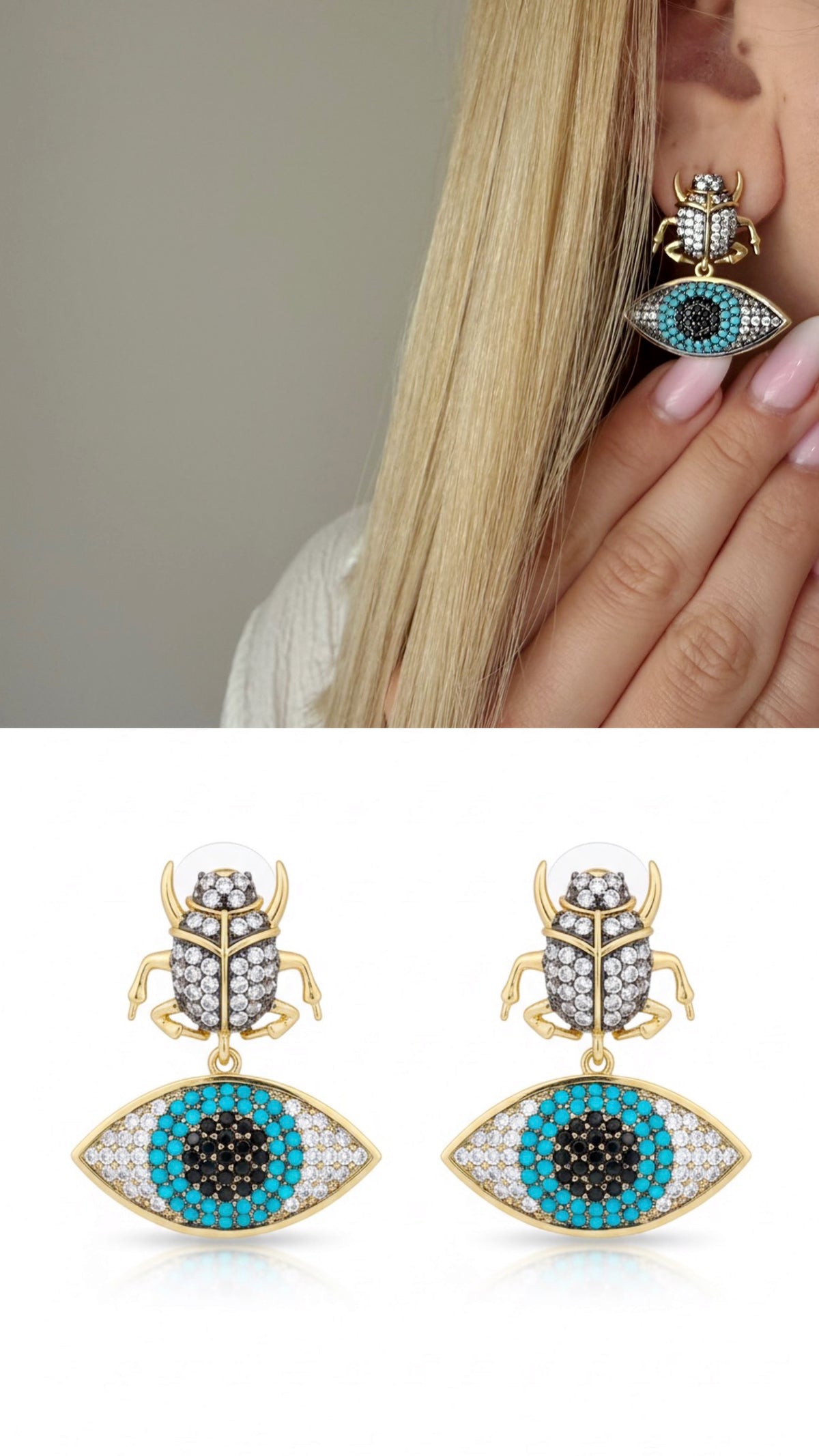 18K Gold Plated Stainless Steel Pave CZ Beetle Turquoise Evil Eye Drop Earrings - CW1VPEARNG00389 | Wholesale Stainless Steel Jewelry Catwalk Jewellery Europe