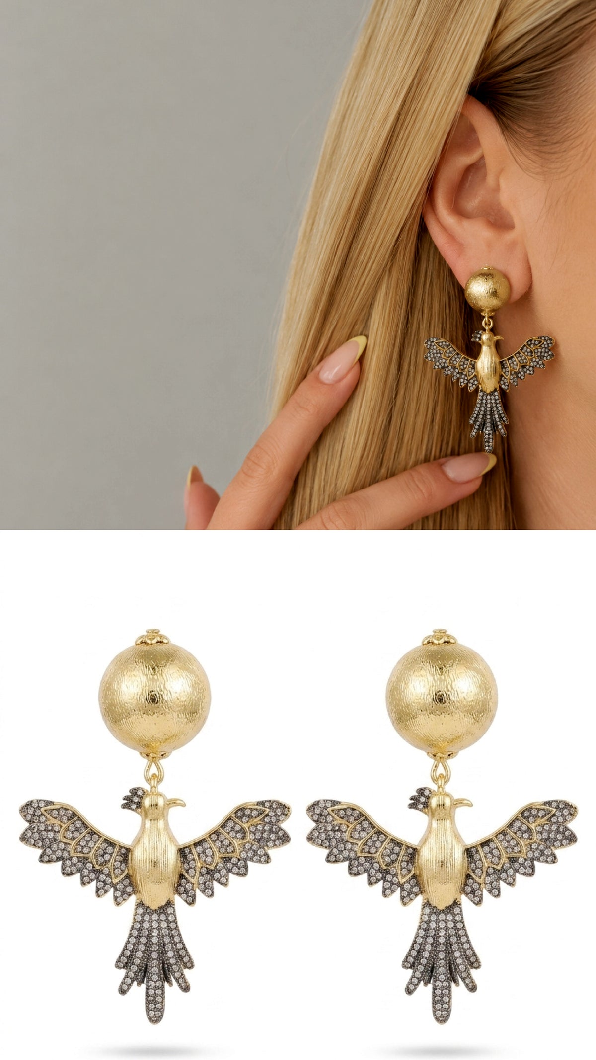 18K Gold Plated Stainless Steel Textured Ball Pave CZ Bird Statement Drop Earrings - CW1VPEARNG00390 | Wholesale Stainless Steel Jewelry Catwalk Jewellery Europe