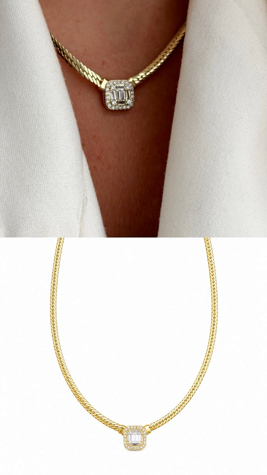 Gold CZ Baguette Pave Emerald Cut Halo Herringbone Necklace - CW1NKL0091 | Wholesale Stainless Steel Jewelry Catwalk Jewellery Europe