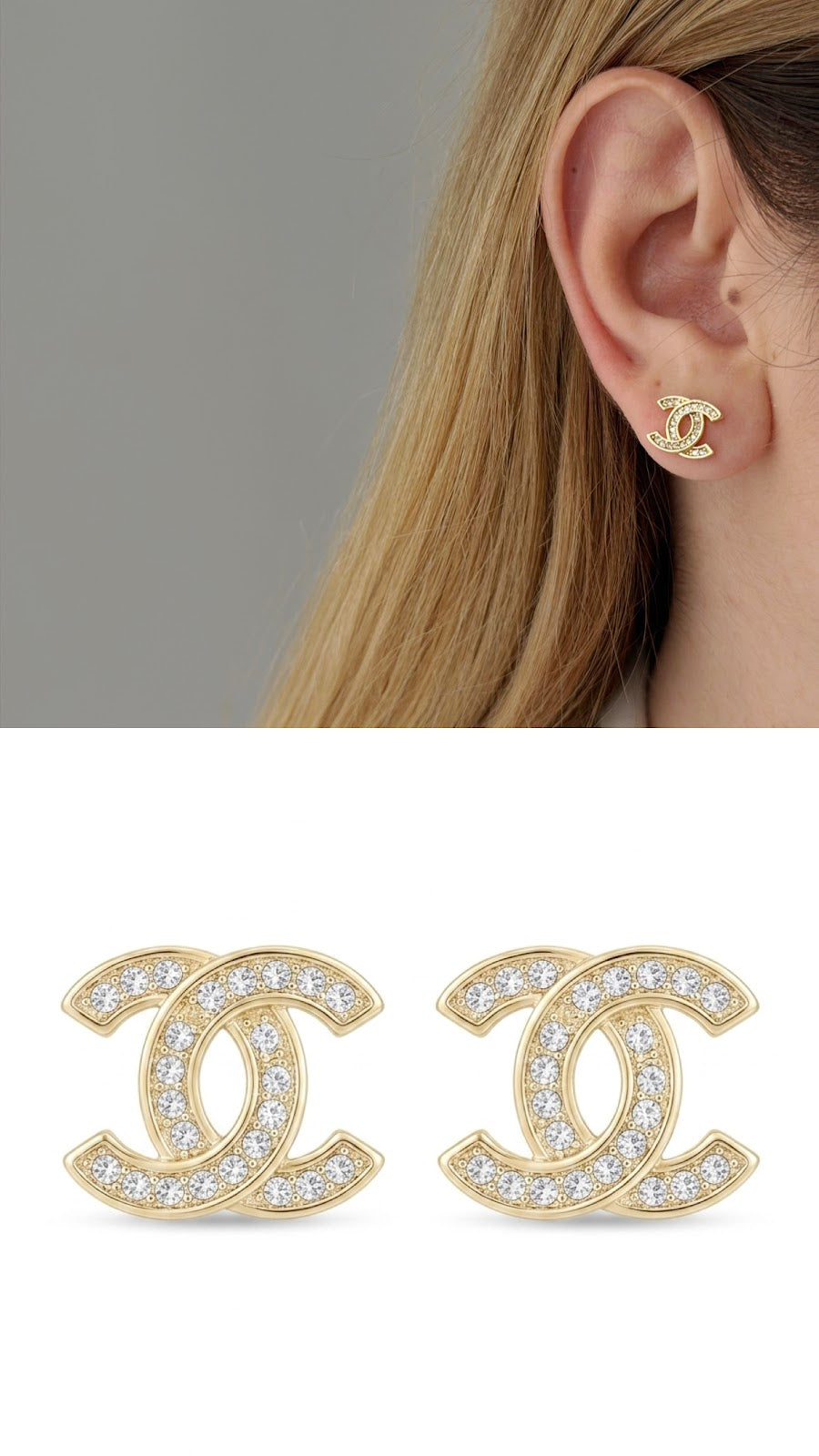18K Gold Plated Stainless Steel Pave CZ Interlocking C Stud Earrings Wholesale - CW1VPEARNG00331 | Wholesale Stainless Steel Jewelry Catwalk Jewellery Europe