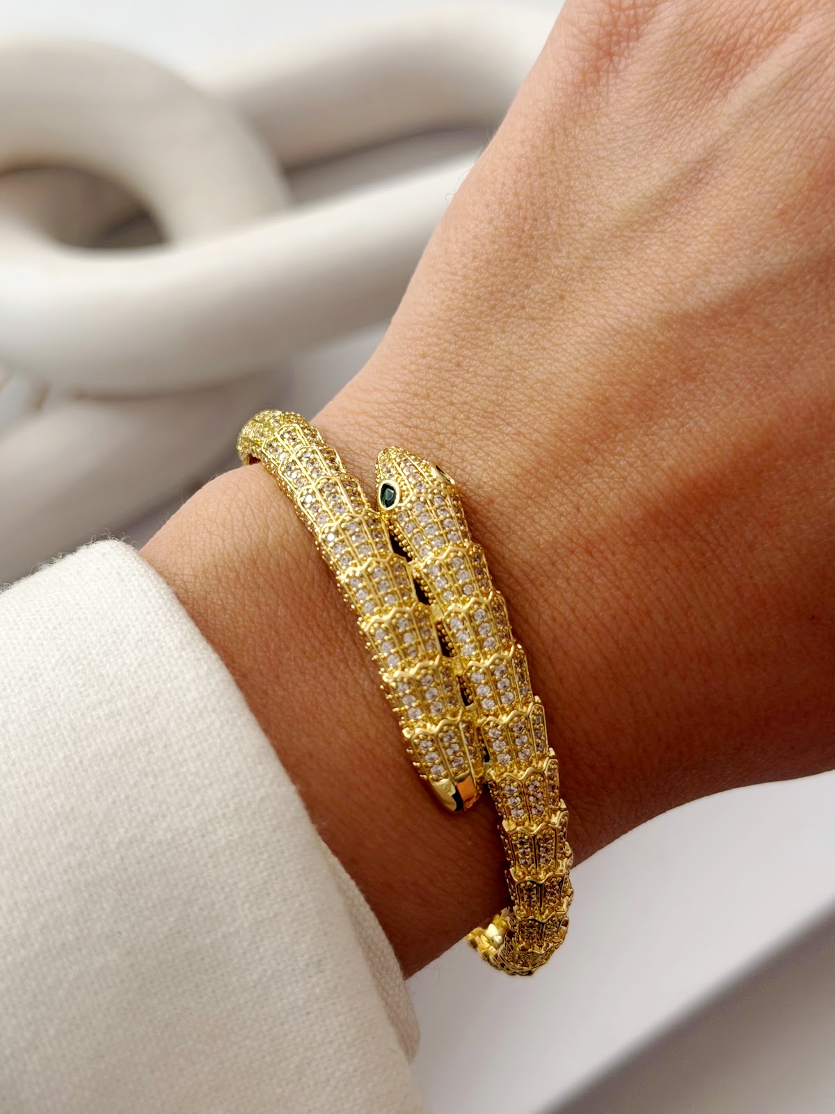 Gold CZ Pave Emerald Eye Coiled Snake Cuff Bangle - CW1CUFF0048 | Wholesale Stainless Steel Jewelry Catwalk Jewellery Europe
