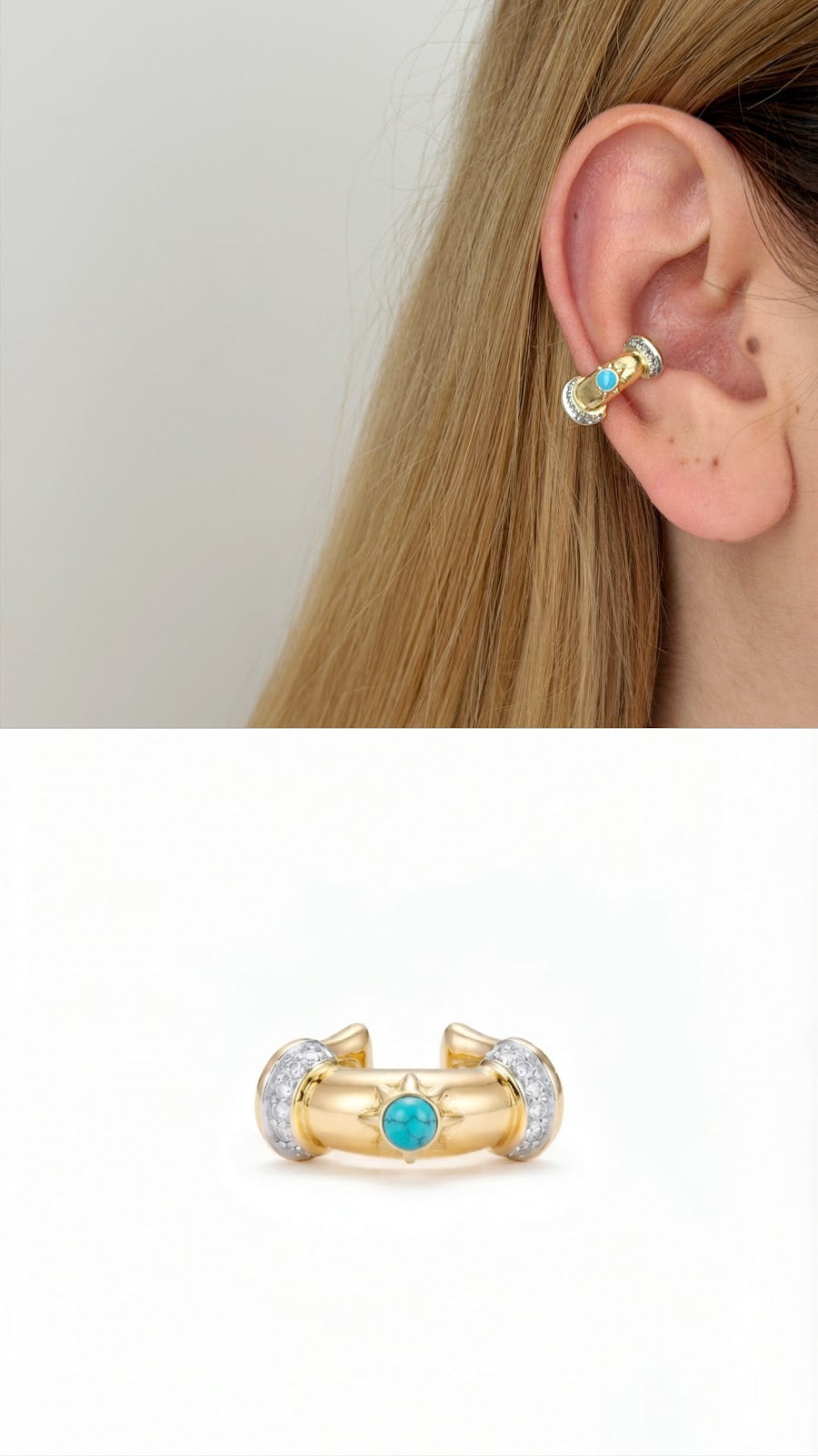 Gold Turquoise Stone CZ Pave Chunky Ear Cuff - CW1EARCUFF00130 | Wholesale Stainless Steel Jewelry Catwalk Jewellery Europe