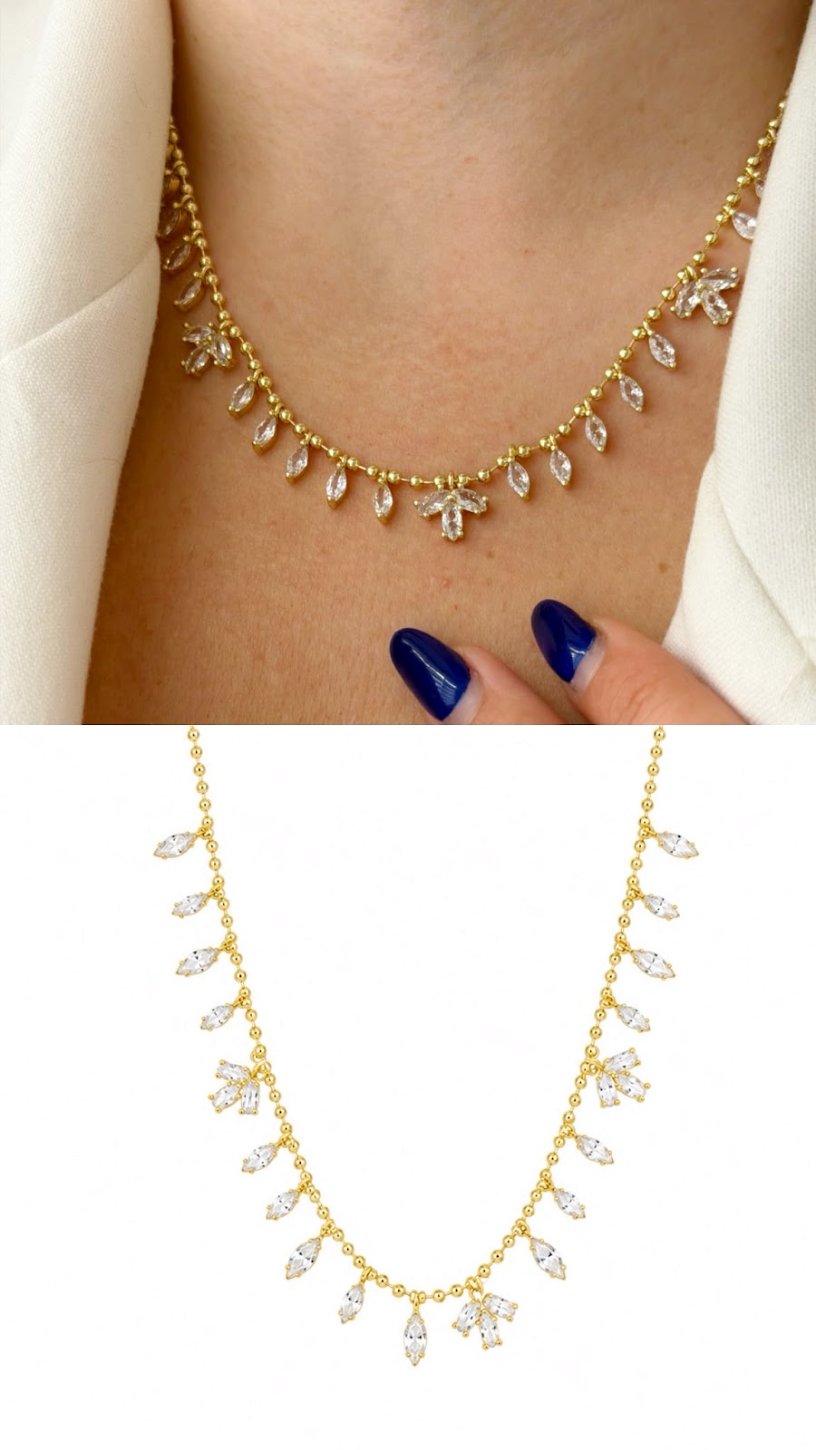 Gold Marquise CZ Dangle Fringe Beaded Ball Chain Necklace - CW1NKL0090 | Wholesale Stainless Steel Jewelry Catwalk Jewellery Europe