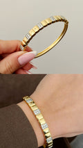 Gold CZ Pave Block Cushion Tile Hinged Cuff Bangle - CW1CUFF0040 | Wholesale Stainless Steel Jewelry Catwalk Jewellery Europe