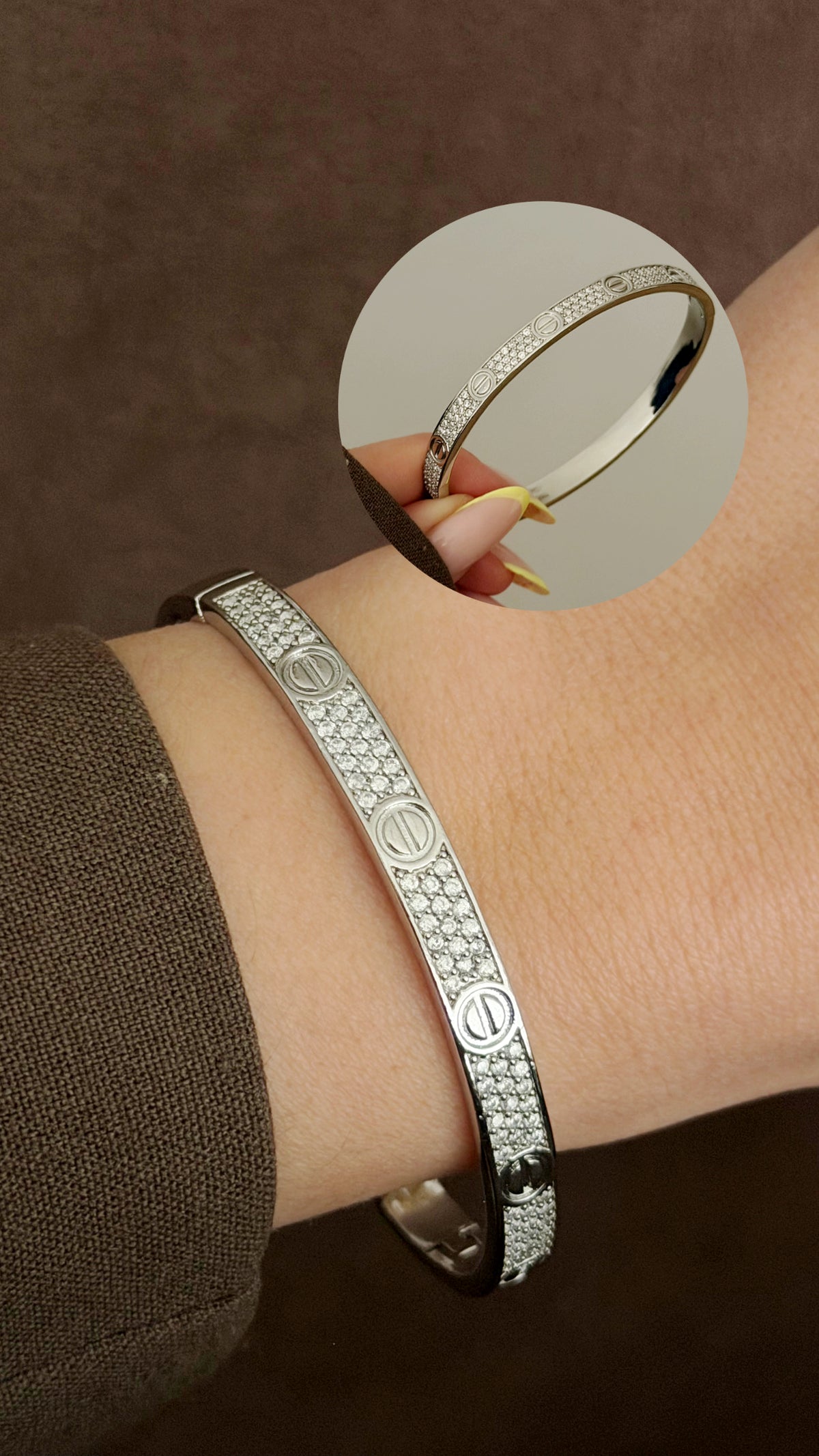 Silver CZ Pave Screw Motif Hinged Cuff Bangle - CW1CUFF0042 | Wholesale Stainless Steel Jewelry Catwalk Jewellery Europe