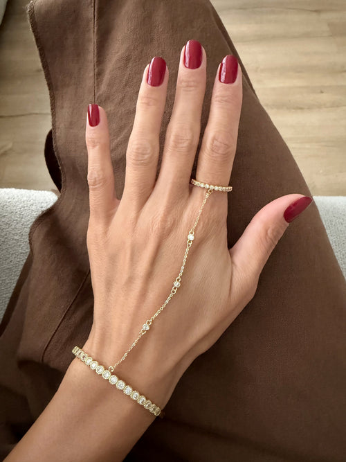 18K Gold Plated Stainless Steel Bezel CZ Tennis Cuff Hand Chain Ring - CW1CUFFHANDCHAIN008 | Wholesale Stainless Steel Jewelry Catwalk Jewellery Europe