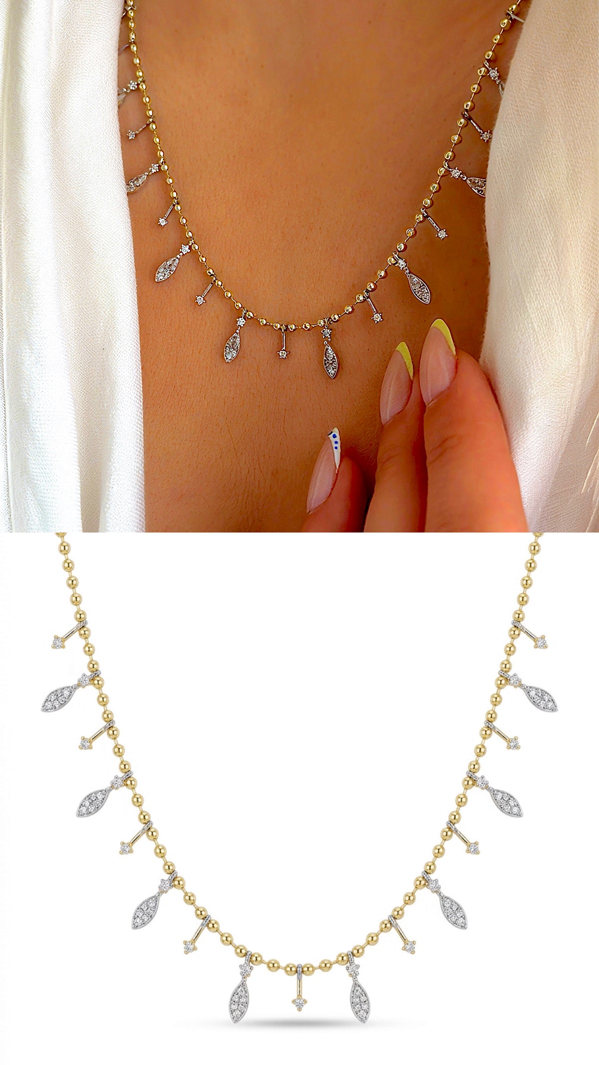 Two Tone CZ Pave Marquise Dangle Fringe Beaded Ball Chain Necklace - CW1NKL00115 | Wholesale Stainless Steel Jewelry Catwalk Jewellery Europe