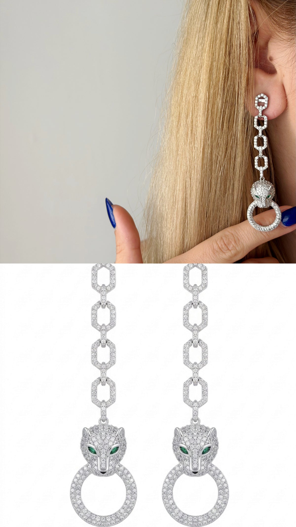 Silver CZ Pave Panther Green Eye Link Chain Drop Statement Earrings - CW1STEAR0013 | Wholesale Stainless Steel Jewelry Catwalk Jewellery Europe