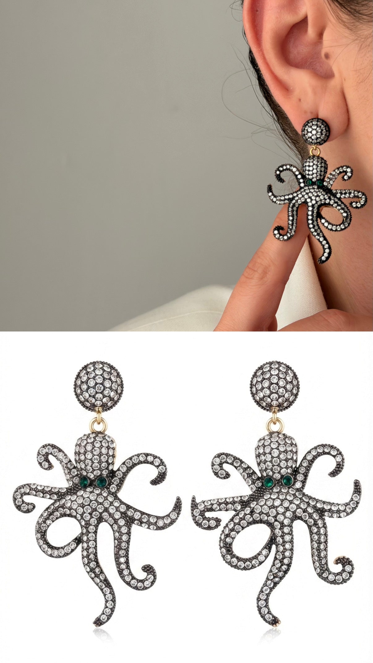 CW1VPEARNG00319-black-ruthenium-sculptural-octopus-motif-cz-pave-dangle-statement-earrings-catwalkjewellery wholesale jewelry VIP 14K EARRINGS  Catwalk Jewellery Europe