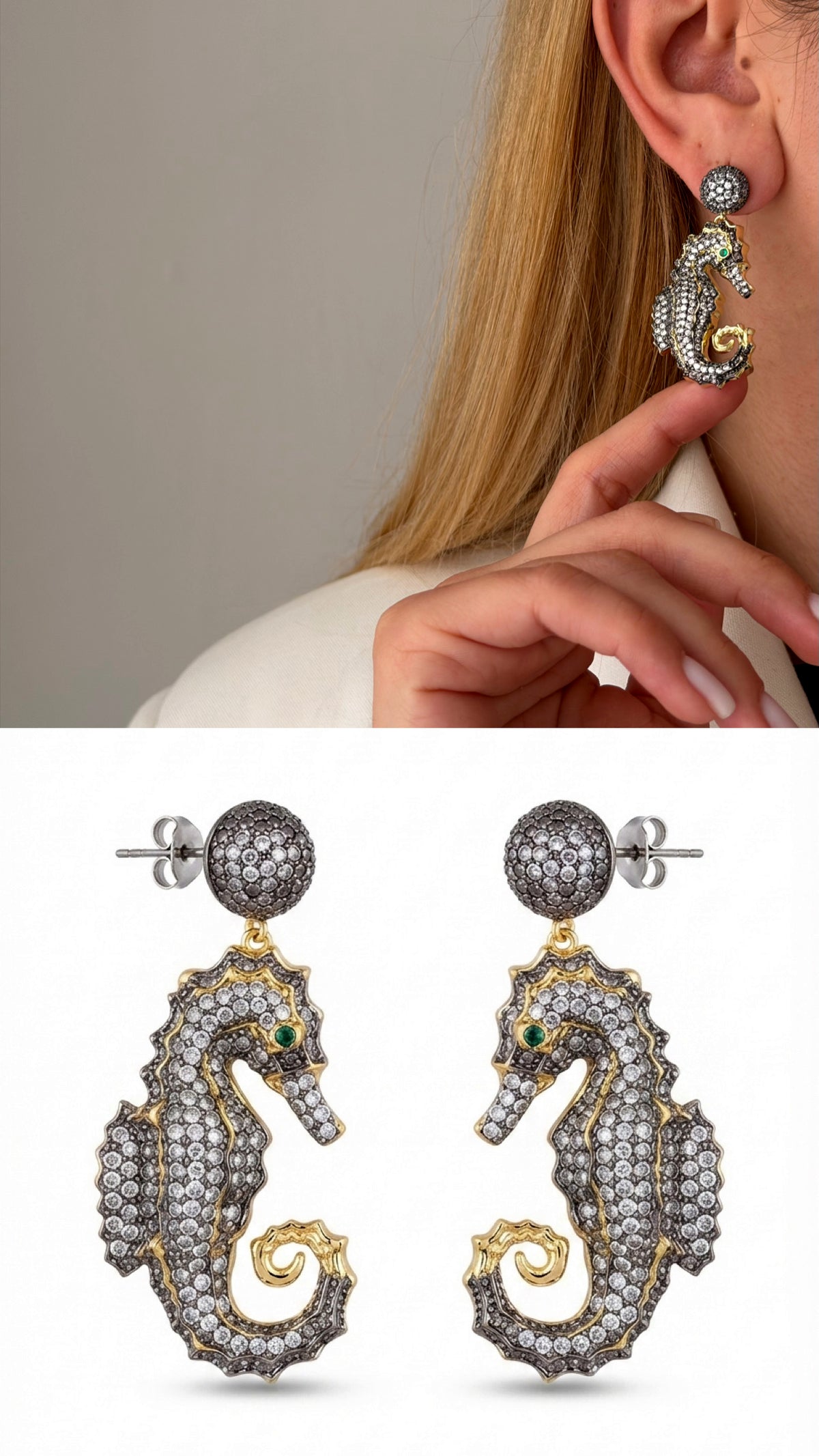 CW1VPEARNG00320-two-tone-sculptural-seahorse-motif-cz-pave-dangle-statement-earrings-catwalkjewellery wholesale jewelry VIP 14K EARRINGS  Catwalk Jewellery Europe