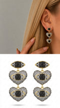 Gold CZ Pave Triple Stacked Heart Evil Eye Motif Dangle Statement Earrings - CW1VPEARNG00324 | Wholesale Stainless Steel Jewelry Catwalk Jewellery Europe