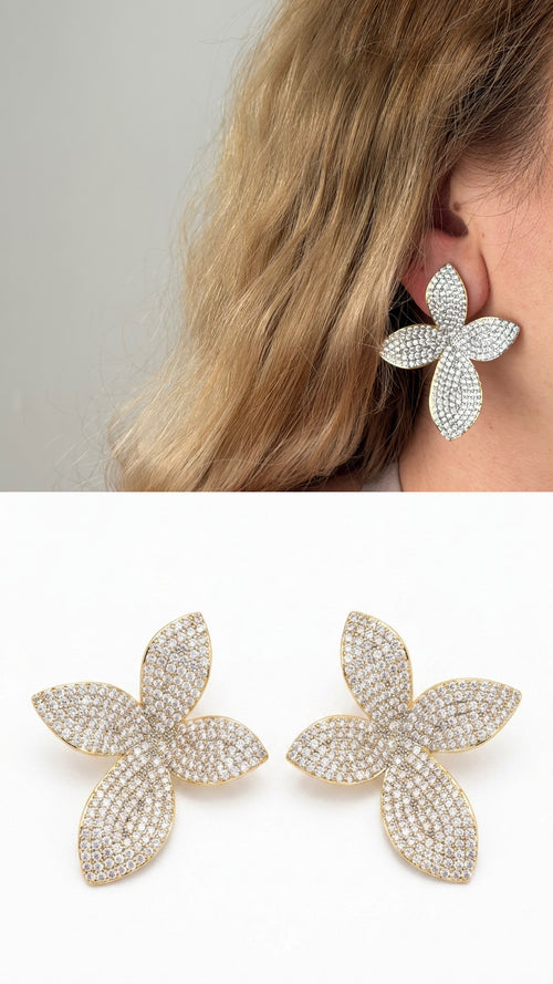 CW1VPEARNG00325-gold-sculptural-four-petal-floral-cz-pave-statement-earrings-catwalkjewellery wholesale jewelry VIP 14K EARRINGS  Catwalk Jewellery Europe