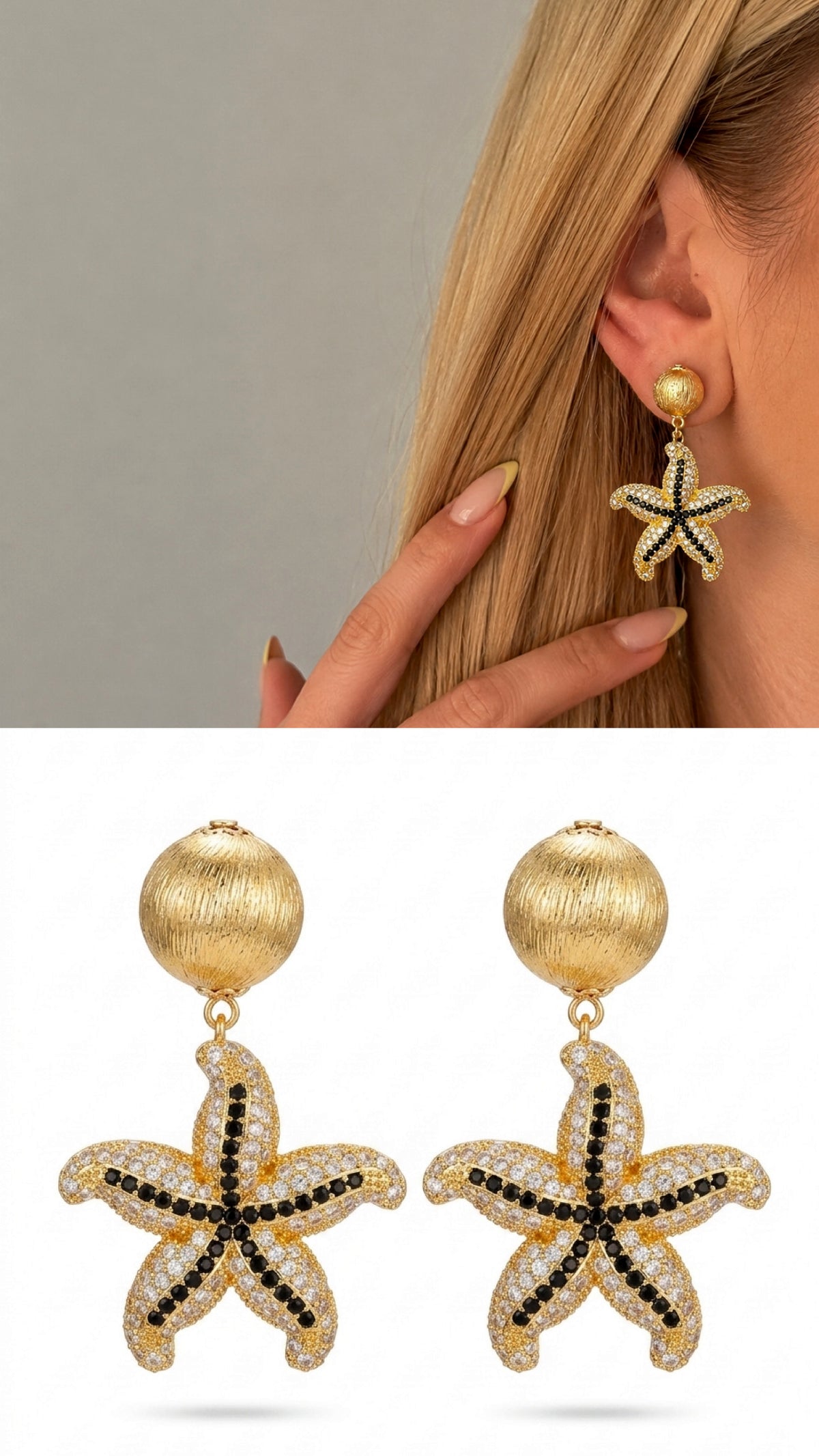 CW1VPEARNG00326-gold-sculptural-starfish-motif-cz-pave-dangle-statement-earrings-catwalkjewellery wholesale jewelry VIP 14K EARRINGS  Catwalk Jewellery Europe
