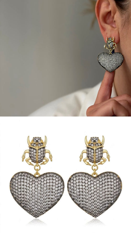 CW1VPEARNG00327-gold-sculptural-scarab-beetle-cz-pave-heart-dangle-statement-earrings-catwalkjewellery wholesale jewelry VIP 14K EARRINGS  Catwalk Jewellery Europe