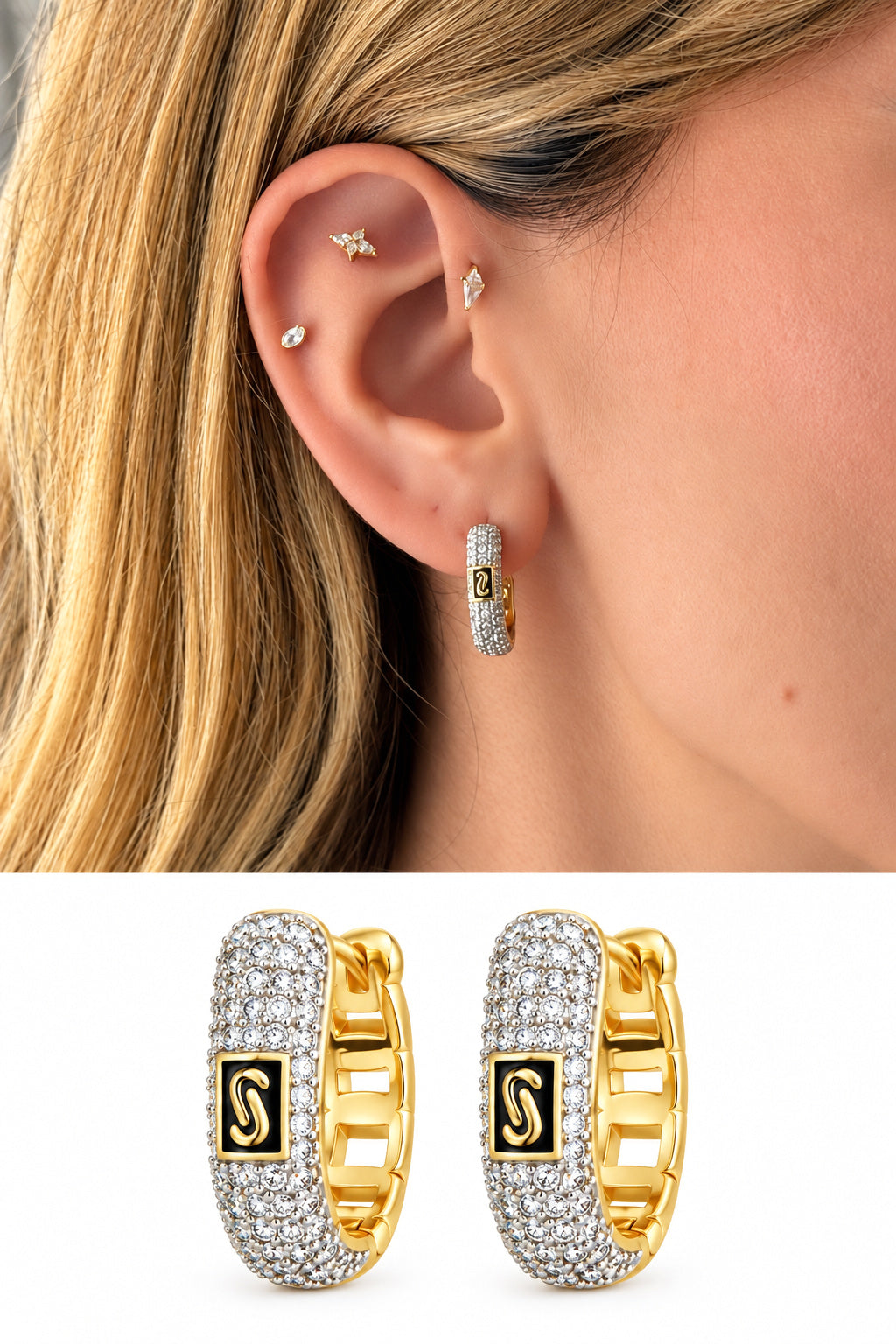 18K Gold Plated Stainless Steel Pave CZ Initial S Black Enamel Huggie Hoop Earrings - CW1VPEARRING00488 | Wholesale Stainless Steel Jewelry Catwalk Jewellery Europe