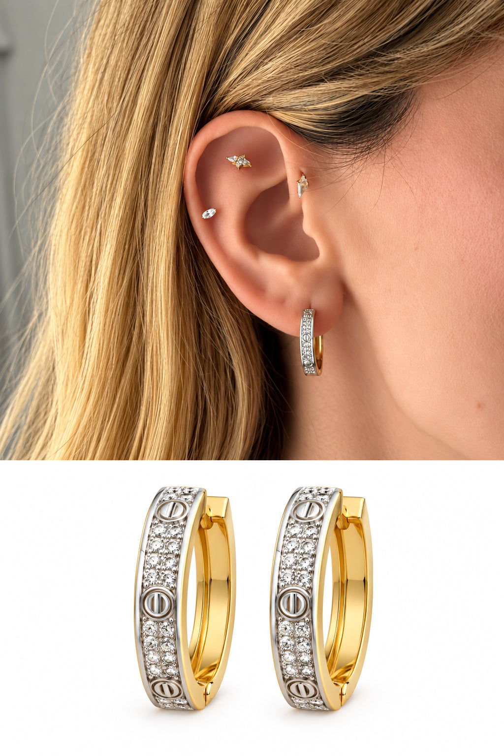 18K Gold Plated Stainless Steel Two Tone Pave CZ Screw Motif Huggie Hoop Earrings - CW1VPEARRING00489 | Wholesale Stainless Steel Jewelry Catwalk Jewellery Europe