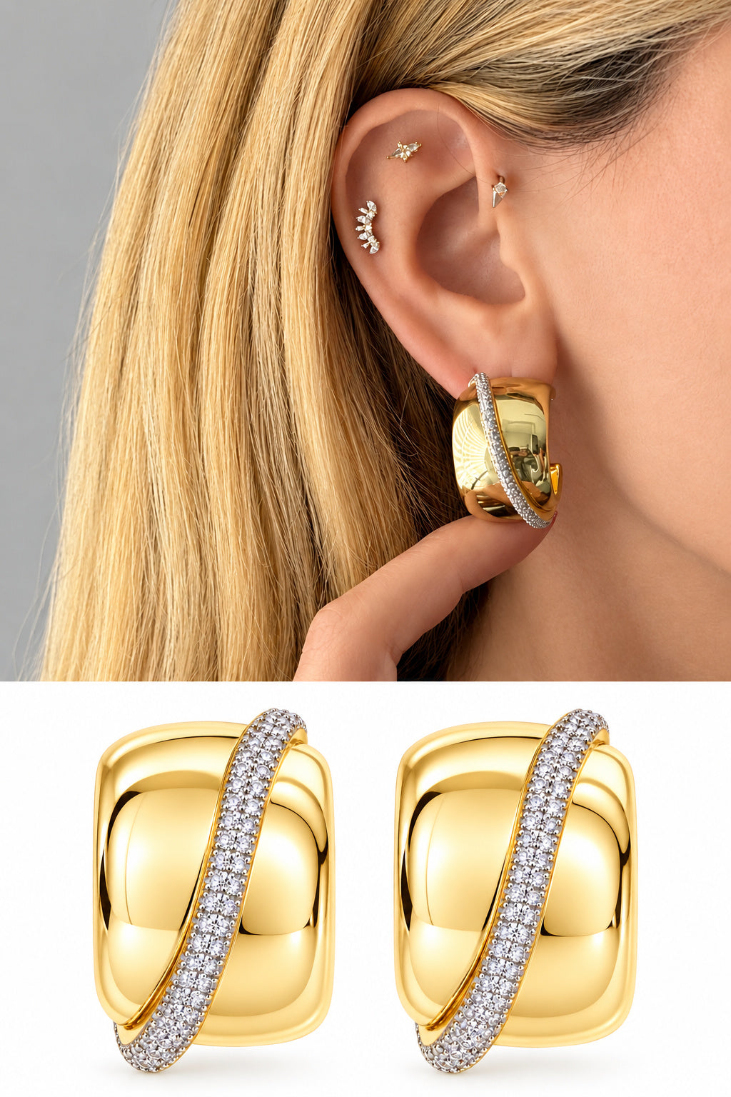 18K Gold Plated Stainless Steel Pave CZ Diagonal Banded Chunky C Hoop Earrings - CW1VPEARRING00490 | Wholesale Stainless Steel Jewelry Catwalk Jewellery Europe