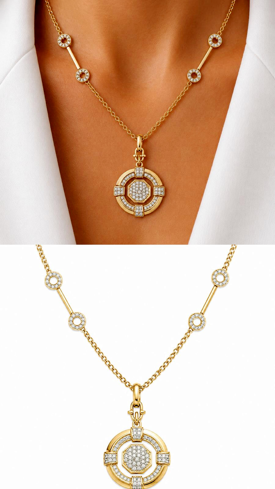 18K Gold Plated Stainless Steel Pave CZ Halo Round Medallion Station Chain Necklace Wholesale - CW1NKL00183 | Wholesale Stainless Steel Jewelry Catwalk Jewellery Europe