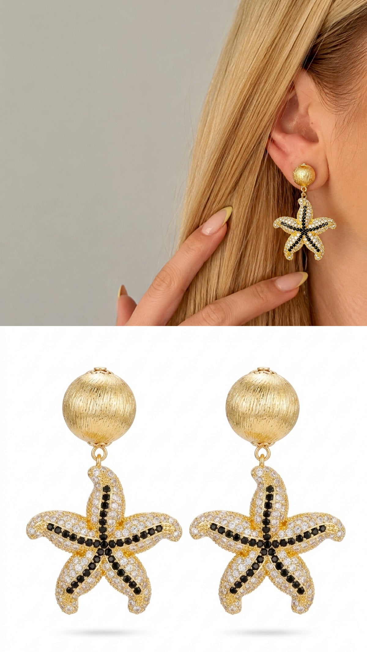 18K Gold Plated Stainless Steel Textured Ball Pave CZ Starfish Drop Earrings - CW1VPEARNG00391 | Wholesale Stainless Steel Jewelry Catwalk Jewellery Europe