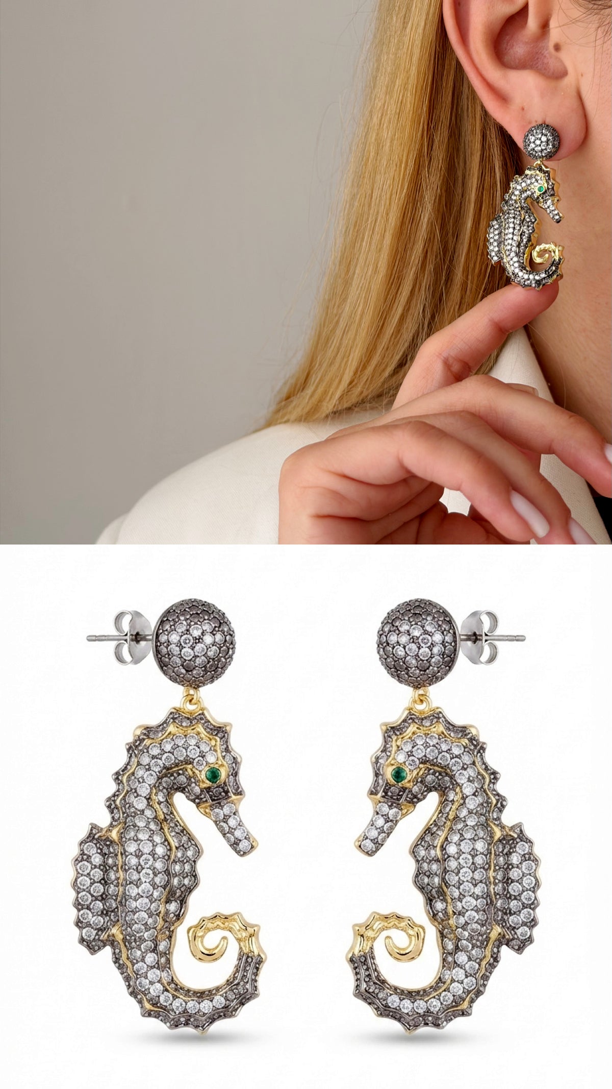 18K Gold Plated Stainless Steel Pave CZ Seahorse Green Eye Statement Drop Earrings - CW1VPEARNG00392 | Wholesale Stainless Steel Jewelry Catwalk Jewellery Europe