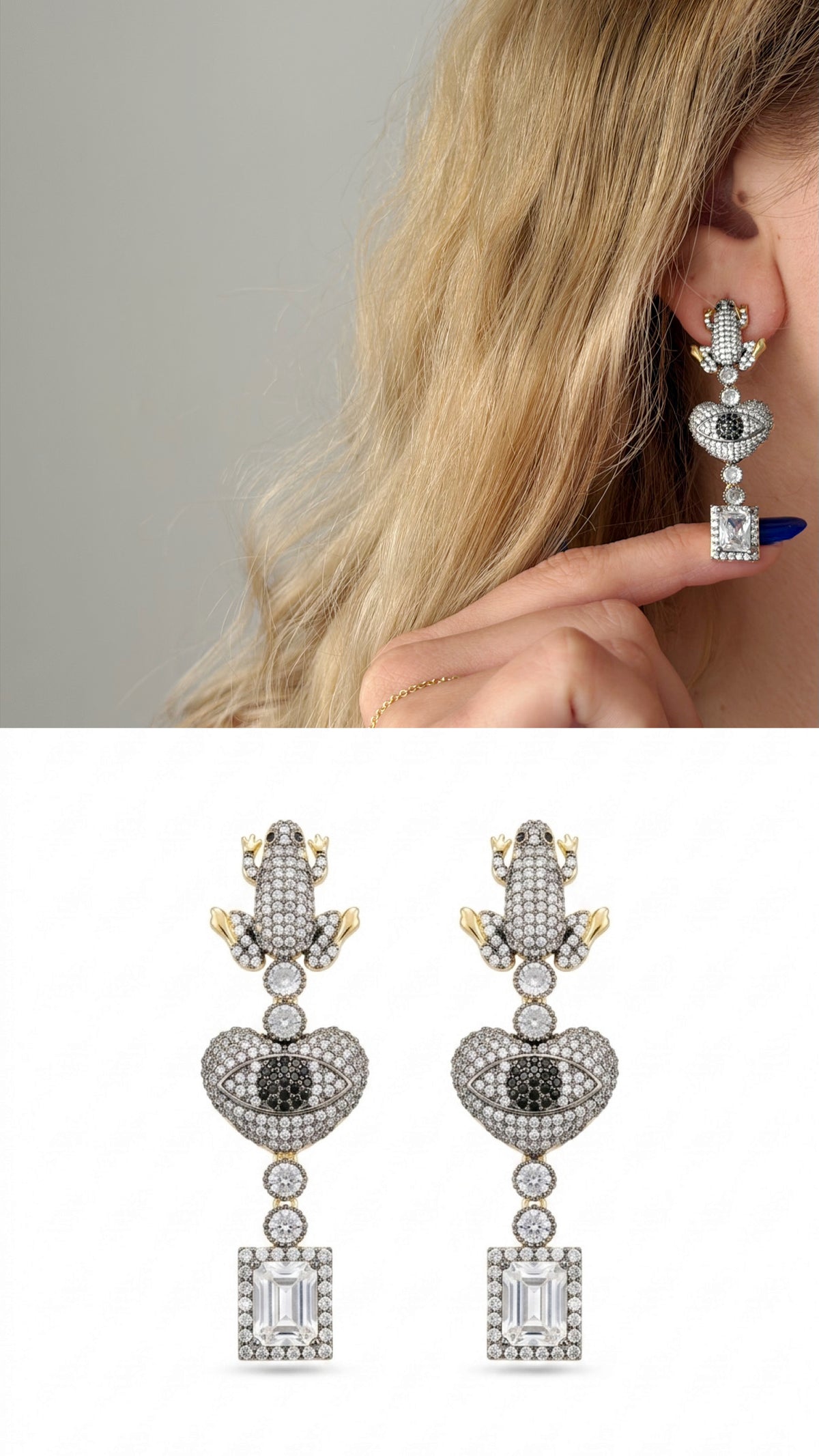 18K Gold Plated Stainless Steel Pave CZ Frog Evil Eye Emerald Cut Crystal Drop Earrings - CW1VPEARNG00393 | Wholesale Stainless Steel Jewelry Catwalk Jewellery Europe