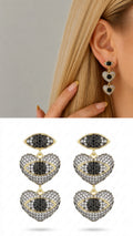 18K Gold Plated Stainless Steel Pave CZ Tiered Heart Evil Eye Drop Earrings - CW1VPEARNG00394 | Wholesale Stainless Steel Jewelry Catwalk Jewellery Europe