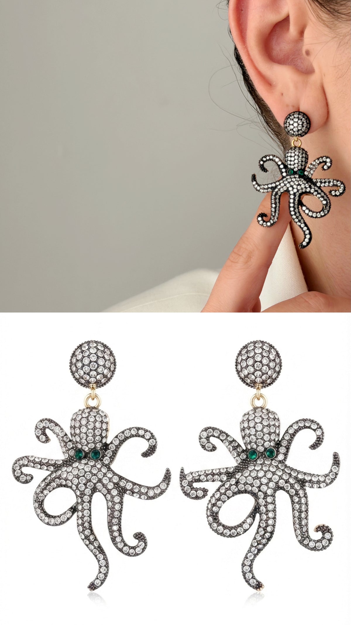 18K Gold Plated Stainless Steel Pave CZ Octopus Green Eye Statement Drop Earrings - CW1VPEARNG00395 | Wholesale Stainless Steel Jewelry Catwalk Jewellery Europe