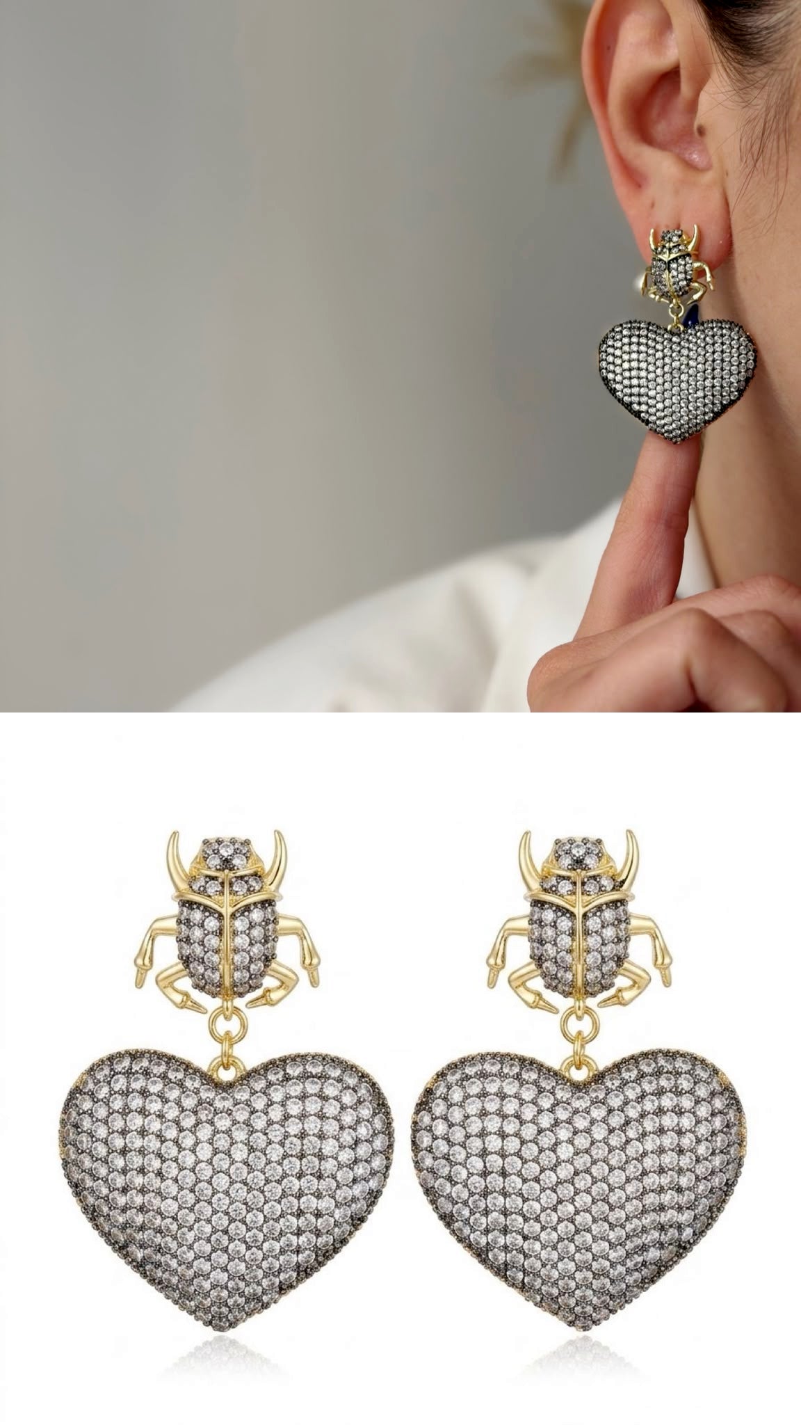 18K Gold Plated Stainless Steel Pave CZ Beetle Heart Statement Drop Earrings - CW1VPEARNG00396 | Wholesale Stainless Steel Jewelry Catwalk Jewellery Europe