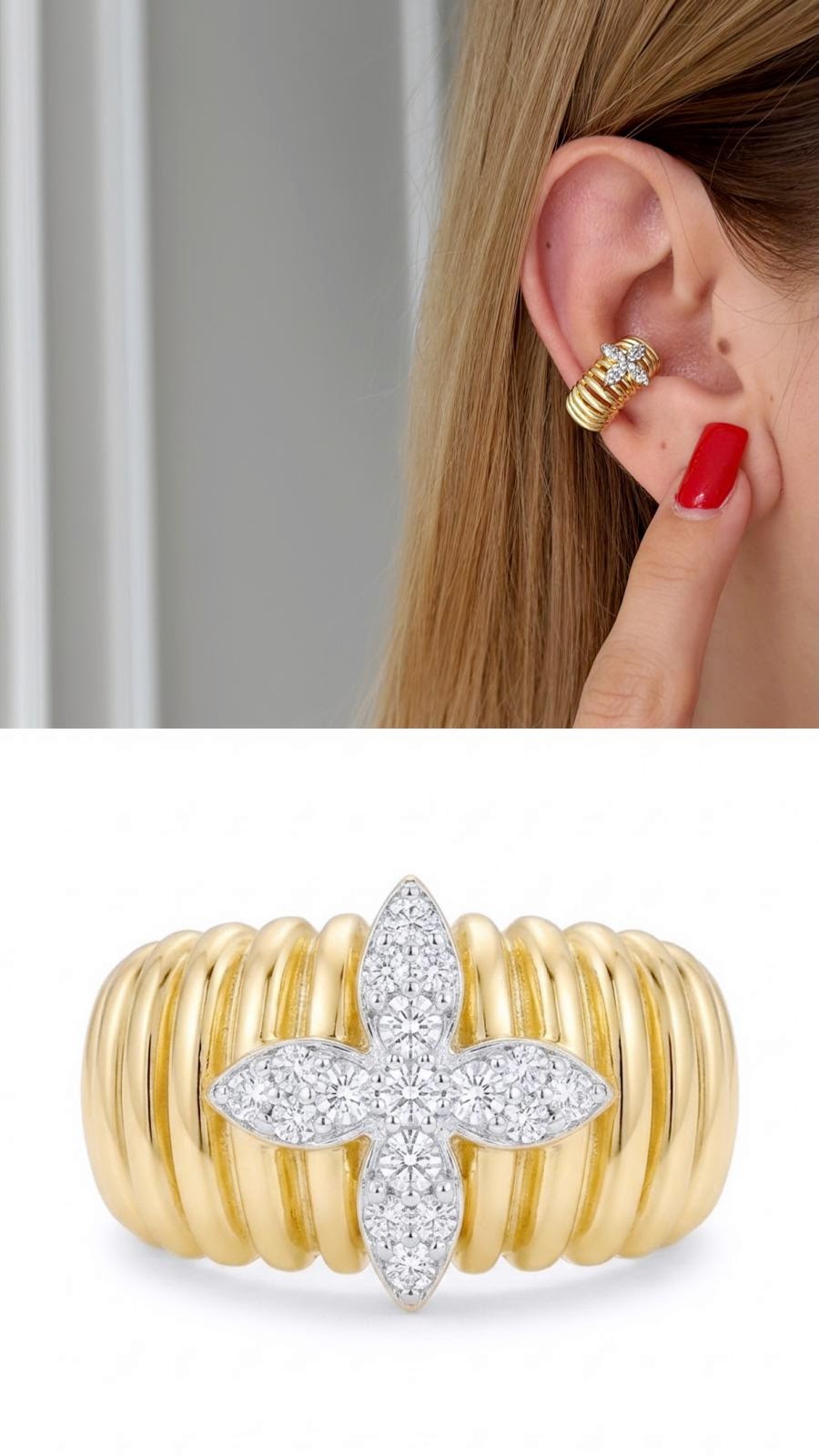 18K Gold Plated Stainless Steel Ribbed Pave CZ Cross Flower Ear Cuff Wholesale - CW1EARCUFF00162 | Wholesale Stainless Steel Jewelry Catwalk Jewellery Europe