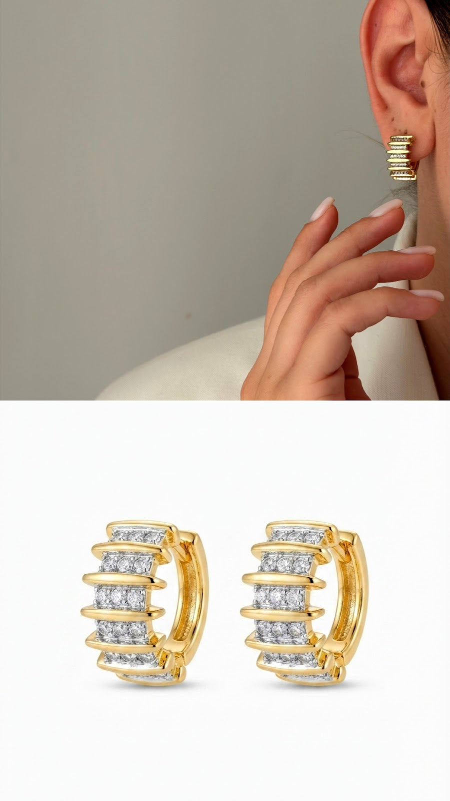 Gold CZ Pave Ribbed Ladder C Hoop Stud Earrings - CW1VPEARNG00191 | Wholesale Stainless Steel Jewelry Catwalk Jewellery Europe