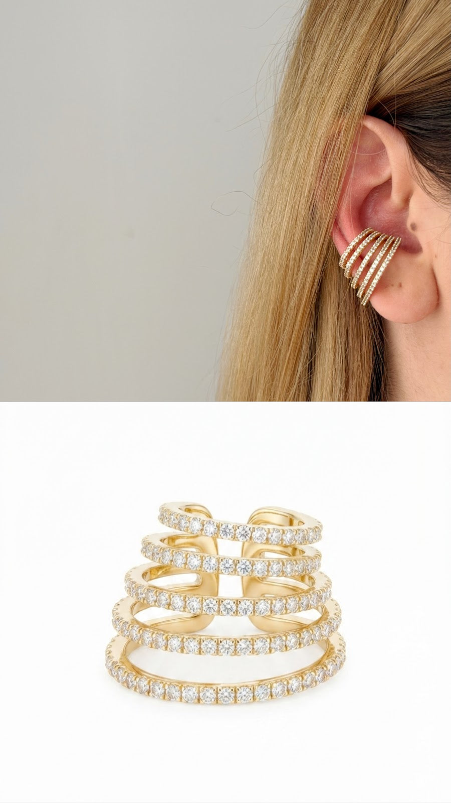 Gold CZ Pave Multi Row Layered Wide Ear Cuff - CW1EARCUFF00146 | Wholesale Stainless Steel Jewelry Catwalk Jewellery Europe
