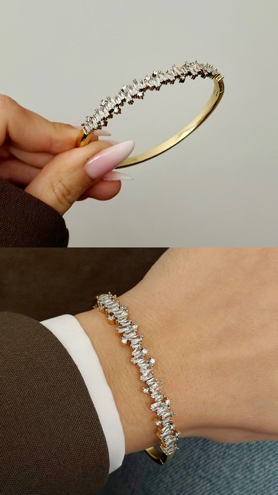 Gold Staggered Baguette CZ Pave Hinged Cuff Bangle - CW1CUFF0027 | Wholesale Stainless Steel Jewelry Catwalk Jewellery Europe