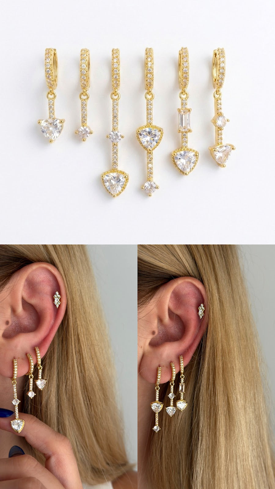 Gold CZ Pave Heart Cut Halo Dangle Huggie Hoop Graduated Set Of 3 - CW1VPEARNG00296 | Wholesale Stainless Steel Jewelry Catwalk Jewellery Europe