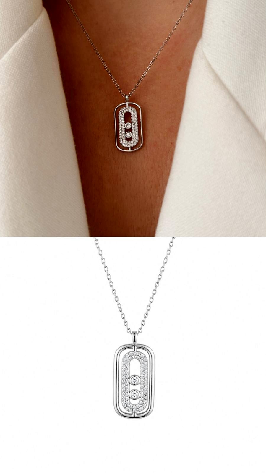 Silver CZ Pave Vertical Oval Move Motif Pendant Necklace - CW1NKL0051 | Wholesale Stainless Steel Jewelry Catwalk Jewellery Europe