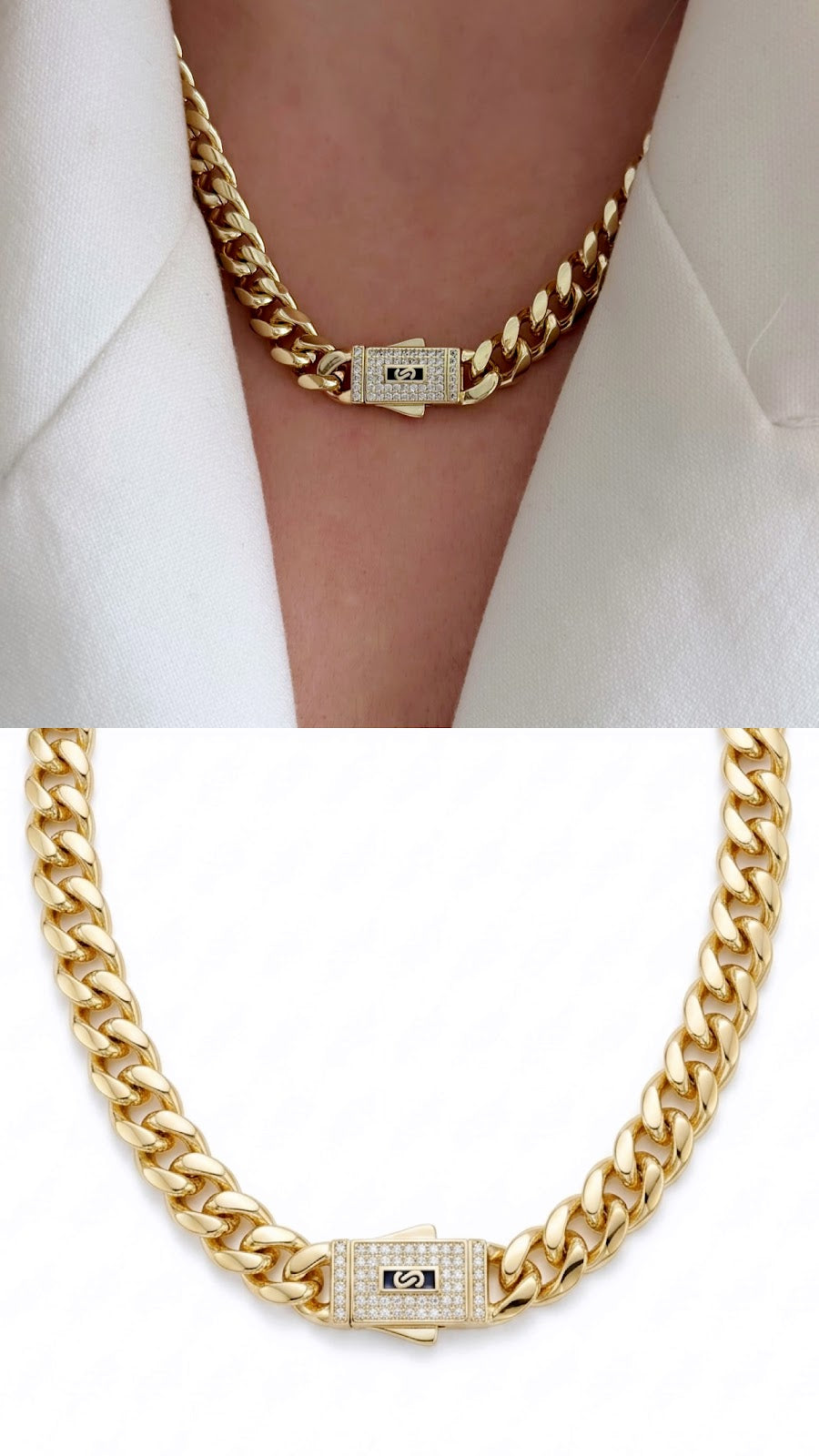 Gold CZ Pave Black Enamel Monaco Clasp Chunky Curb Chain Necklace - CW1NKL00135 | Wholesale Stainless Steel Jewelry Catwalk Jewellery Europe