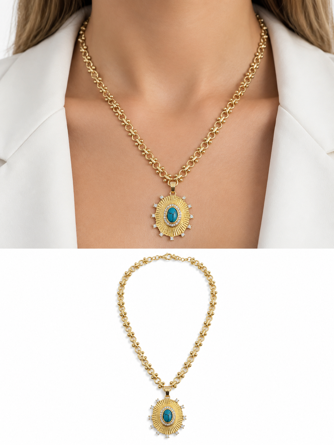 18K Gold Plated Stainless Steel Oval Turquoise Sunburst Pendant Necklace - CW1NKL00194 | Wholesale Stainless Steel Jewelry Catwalk Jewellery Europe