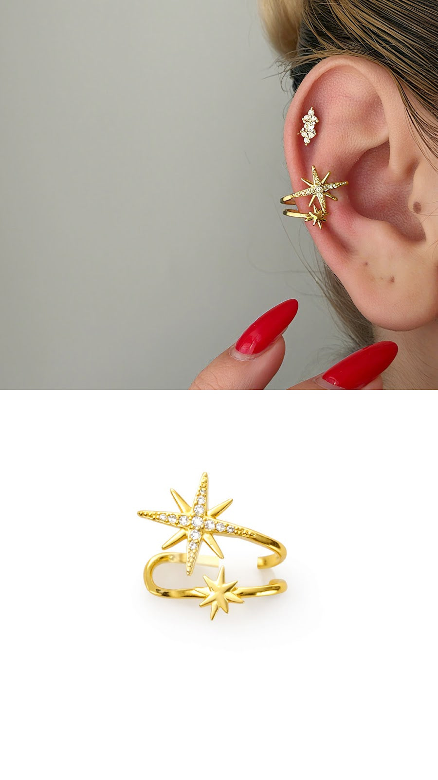 Gold Quilted Coco Pattern Dangle Heart Multi Band Ear Cuff - CW1EARCUFF00112 | Wholesale Stainless Steel Jewelry Catwalk Jewellery Europe