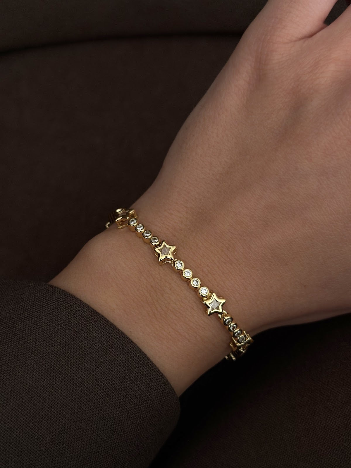 Gold CZ Pave Alternating Star And Round Halo Link Bracelet - CW1VPBRCLT0075 | Wholesale Stainless Steel Jewelry Catwalk Jewellery Europe