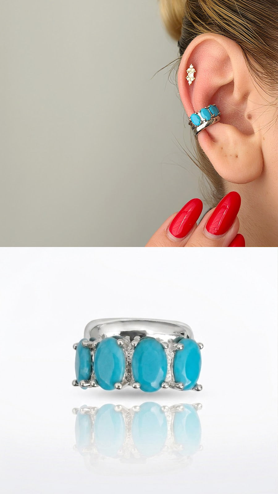 Silver Turquoise Cabochon Stone Wide Ear Cuff - CW1EARCUFF00102 | Wholesale Stainless Steel Jewelry Catwalk Jewellery Europe