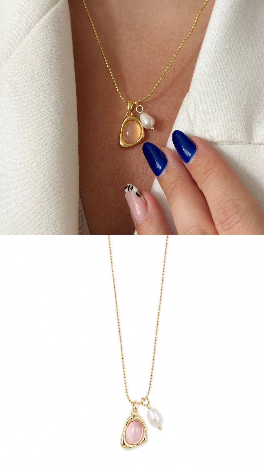 Gold Pink Cabochon Freshwater Pearl Duo Charm Necklace - CW1NKL0067 | Wholesale Stainless Steel Jewelry Catwalk Jewellery Europe