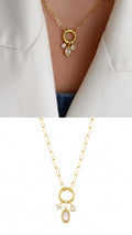 Gold CZ Multi Charm Paperclip Chain Necklace - CW1NKL0061 | Wholesale Stainless Steel Jewelry Catwalk Jewellery Europe